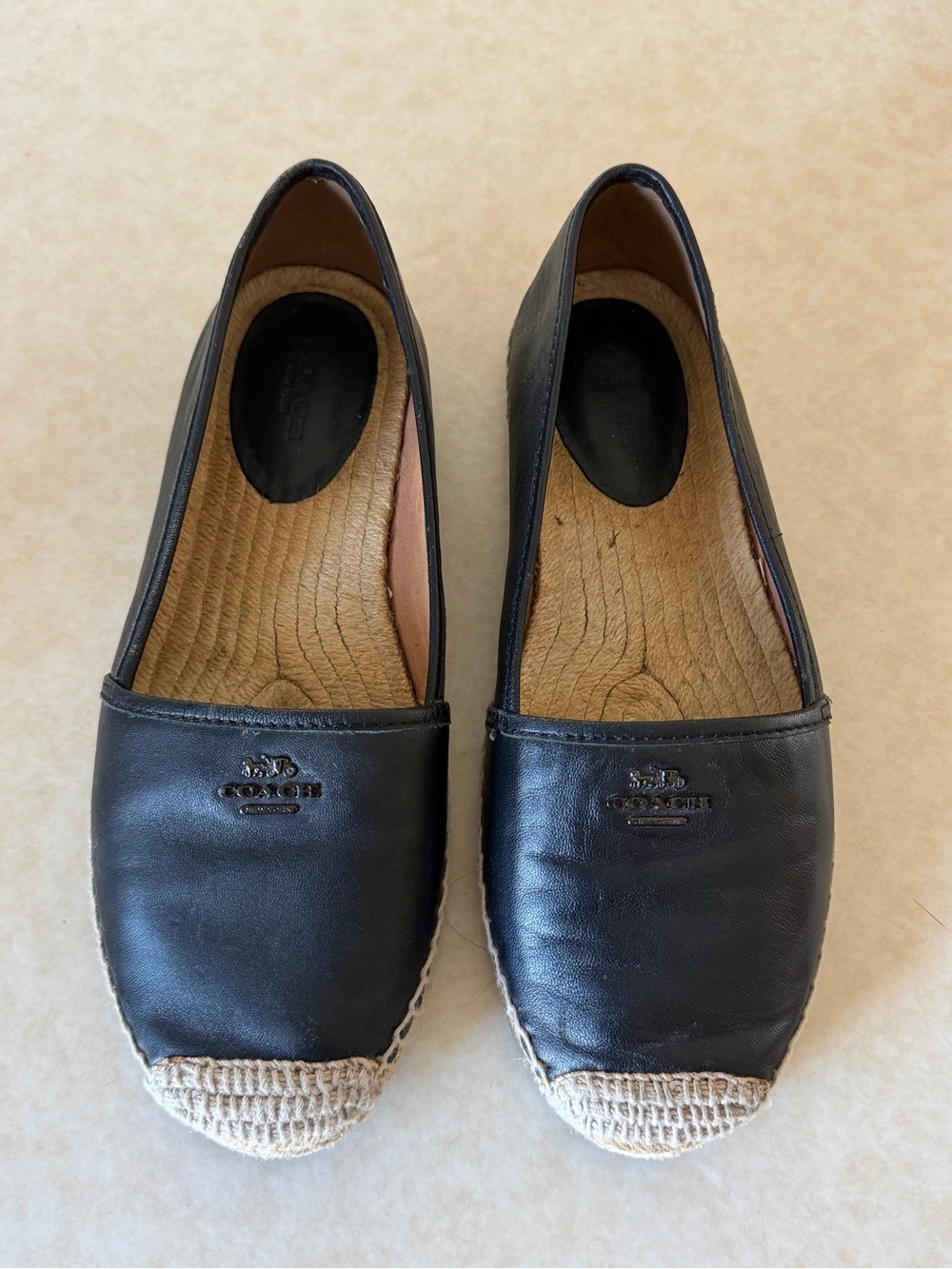 Coach Black Leather Espadrille Flats with Jute Toe